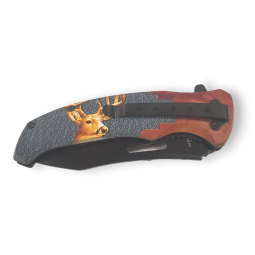 4" Black Blade 4.5" Plastic Wood Handle w/Deer Design Spring Assisted Knife