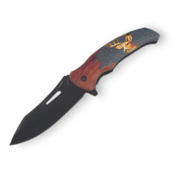4" Black Blade 4.5" Plastic Wood Handle w/Deer Design Spring Assisted Knife