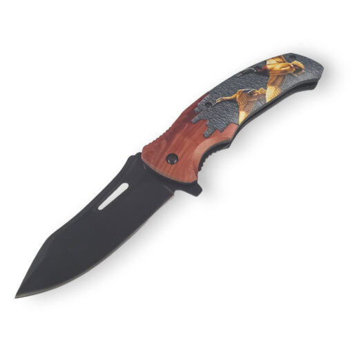 4" Black Blade 4.5" Plastic Wood Handle w/Duck Design Spring Assisted Knife