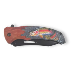 4" Black Blade 4.5" Plastic Wood Handle w/Fish Design Spring Assisted Knife