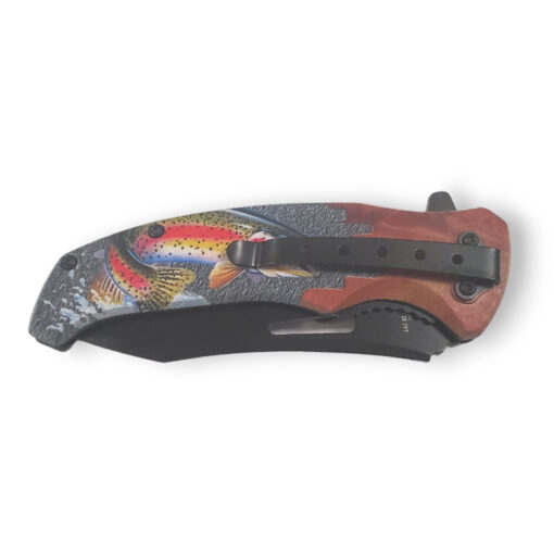 4" Black Blade 4.5" Plastic Wood Handle w/Fish Design Spring Assisted Knife