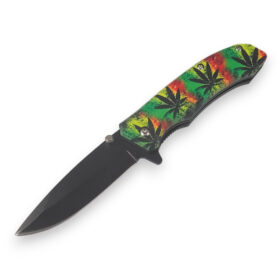 3" Black Blade Spring 4" Marijuana Designed Handle Spring Assisted Knife