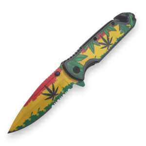 3" Rasta Leaf Blade 4.75" Aluminum Marijuana Handle Spring Assisted Knife