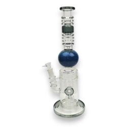 16" Donut to Double Matrix Perc Ribbed Glass Water Pipe w/Opaque Orb & Color Accents